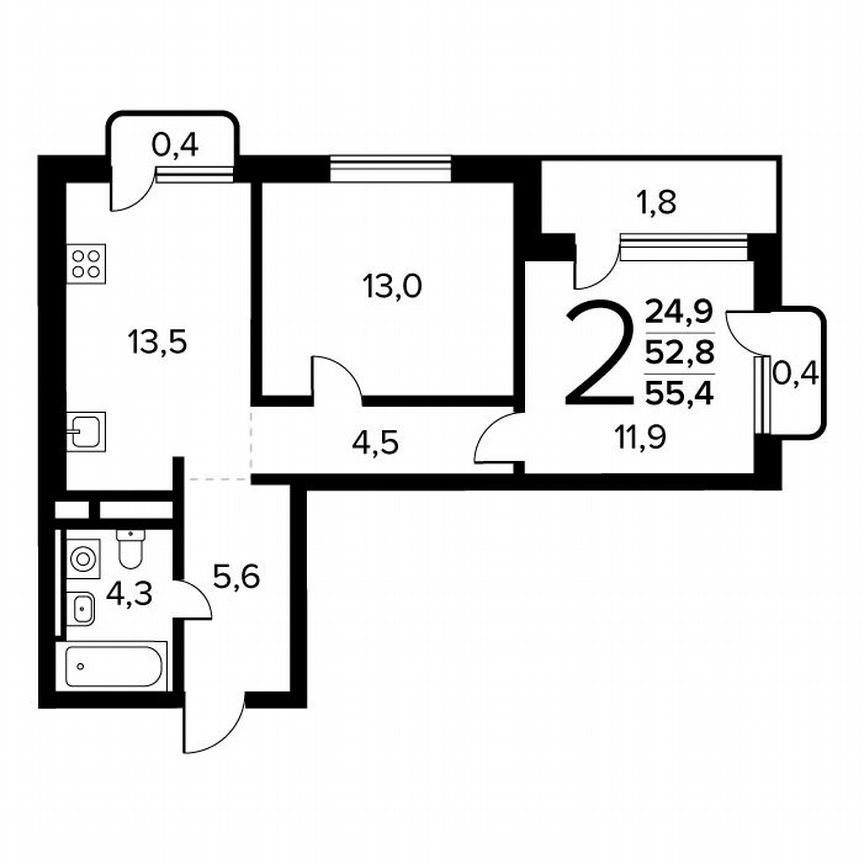 2-к. квартира, 55,4 м², 12/14 эт.