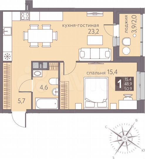 1-к. квартира, 50,9 м², 12/16 эт.