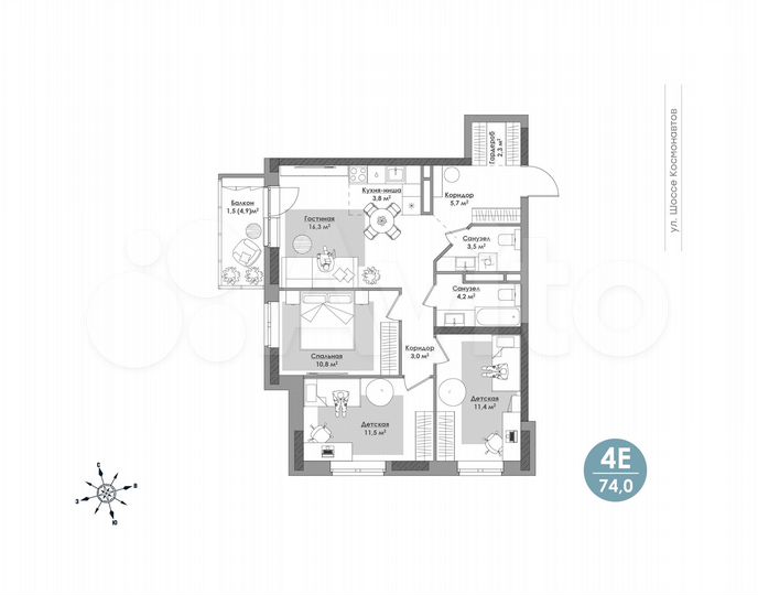 4-к. квартира, 74 м², 11/24 эт.