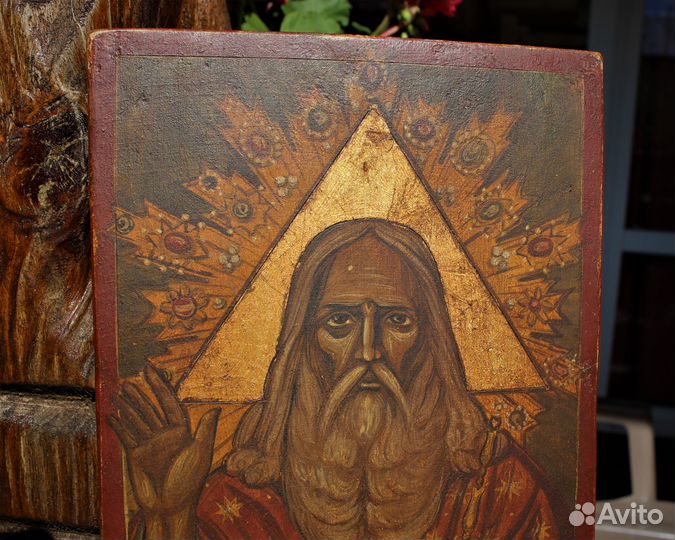 Старинная икона Господь Саваоф Север золото темпер