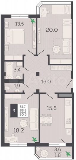 3-к. квартира, 90,3 м², 5/9 эт.