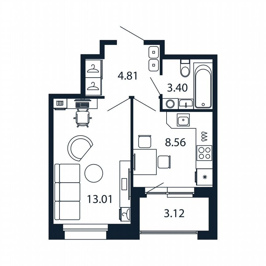 1-к. квартира, 31,3 м², 3/12 эт.