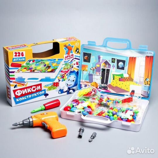 Конструктор винтовой с дрелью, фиксики, 224 детали