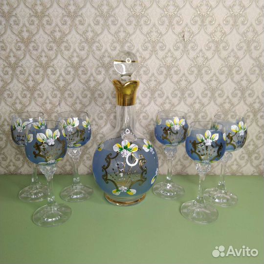 Цветной набор графин и 6 рюмок Богемия