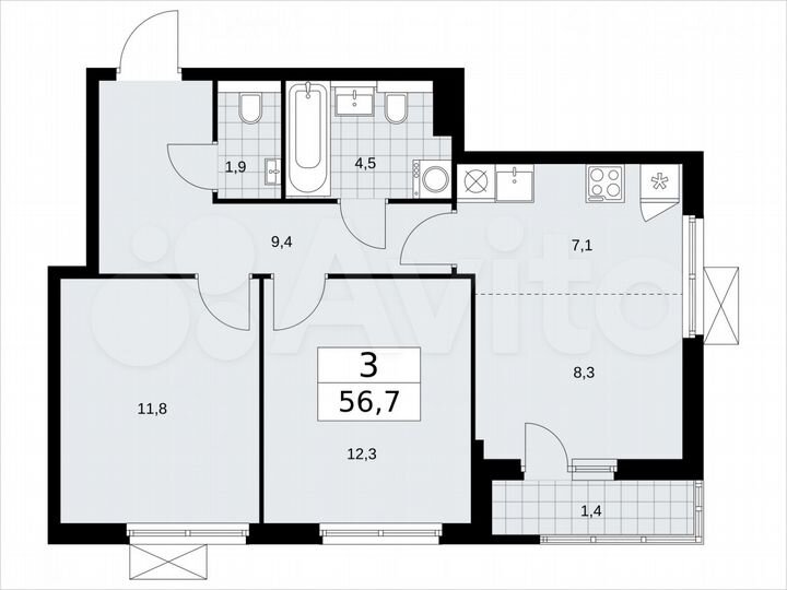 3-к. квартира, 56,7 м², 4/17 эт.