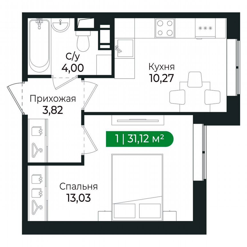 1-к. квартира, 31,1 м², 1/8 эт.