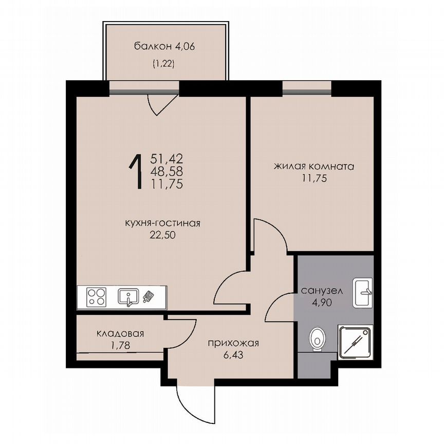 1-к. апартаменты, 48,6 м², 3/6 эт.