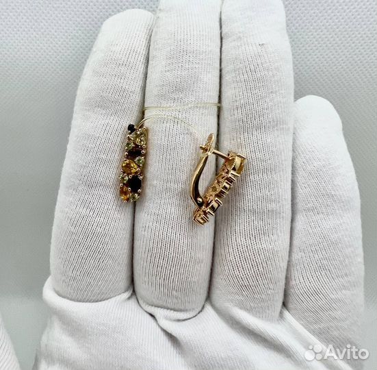 Золотые серьги с гранатом и цитрином