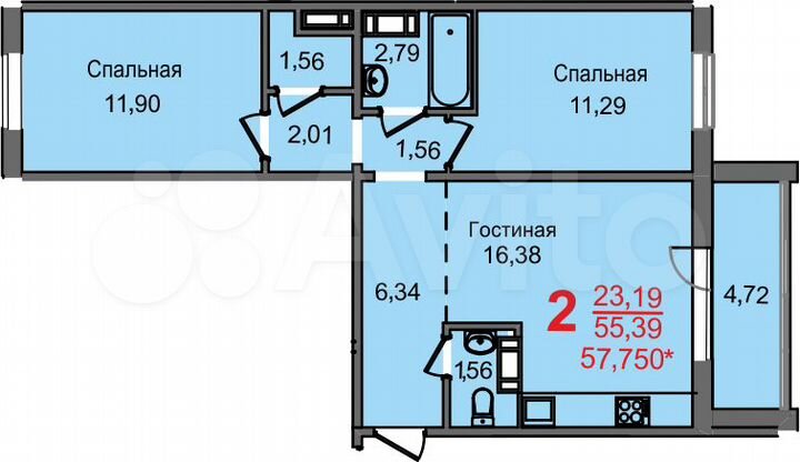 2-к. квартира, 58 м², 3/10 эт.