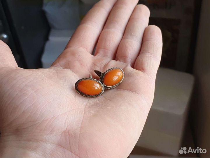 Янтарные запонки СССР серебро