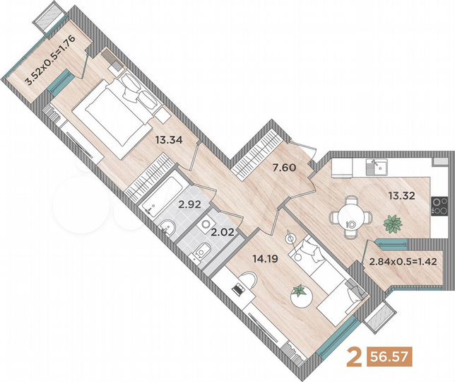 2-к. квартира, 56,6 м², 2/8 эт.