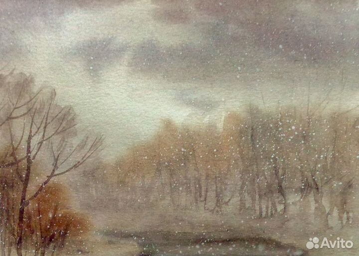 Картина акварелью, зима,зимний пейзаж
