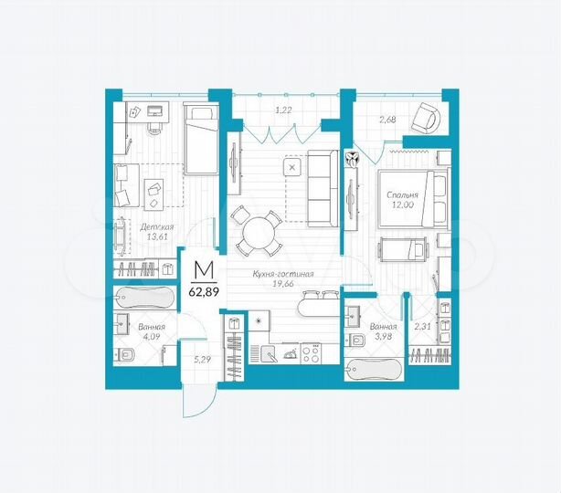 2-к. квартира, 62,9 м², 2/25 эт.