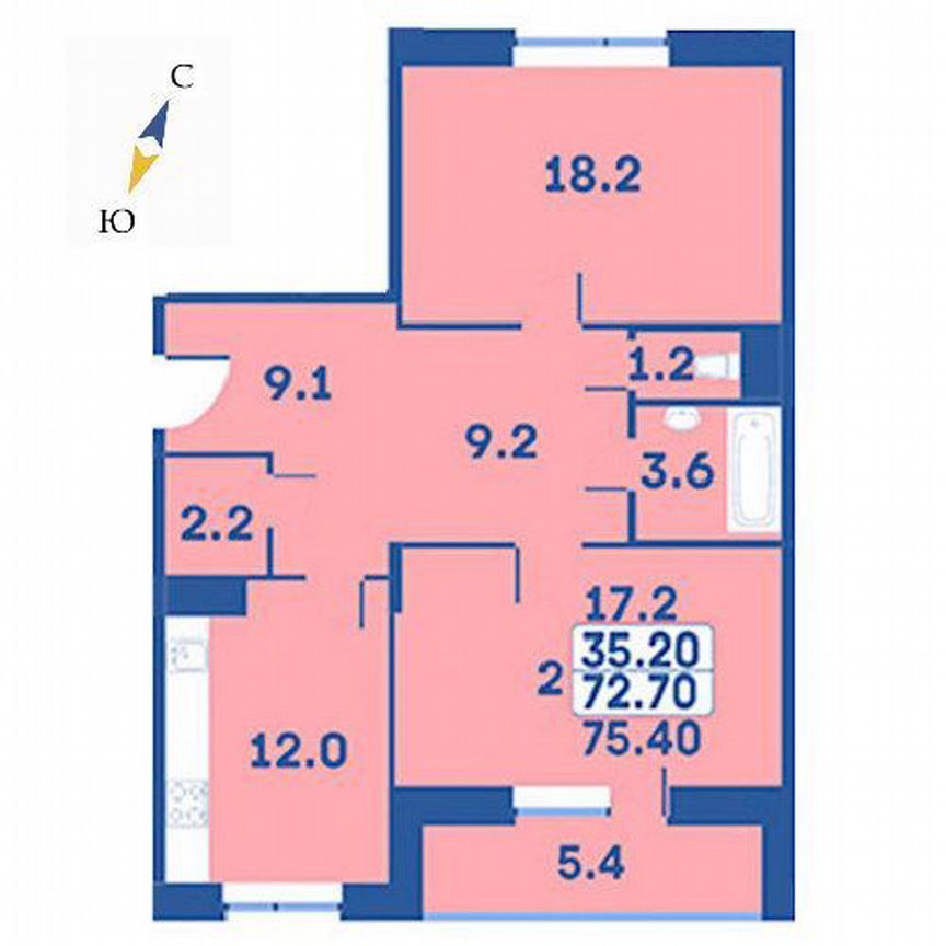 2-к. квартира, 75,4 м², 4/7 эт.