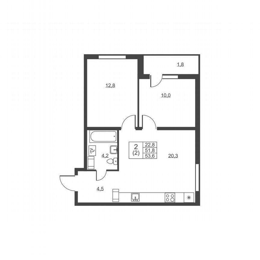 2-к. квартира, 53,6 м², 6/8 эт.