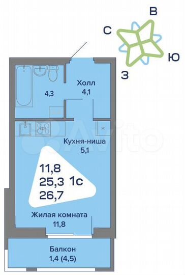 Квартира-студия, 26,7 м², 2/4 эт.