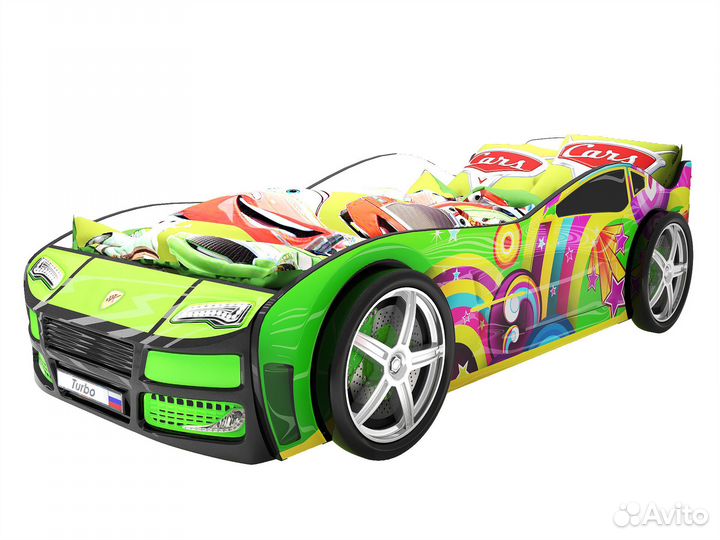 Кровать-машина Турбо Зеленая с колесами (2шт.)