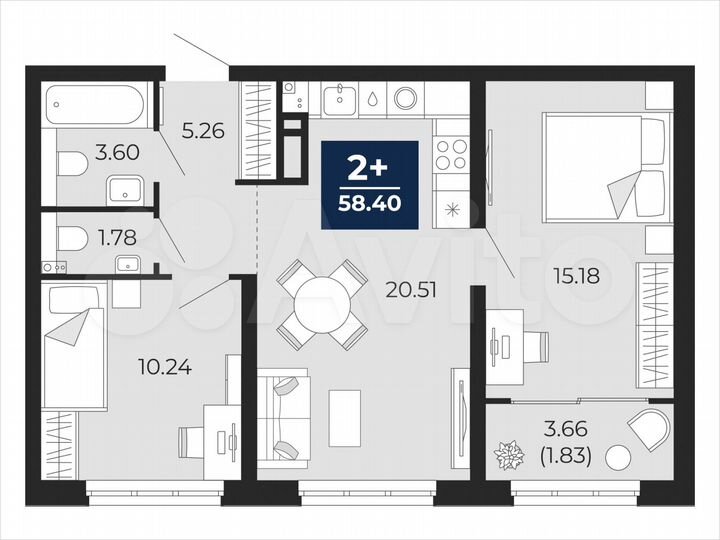 2-к. квартира, 58,4 м², 6/22 эт.