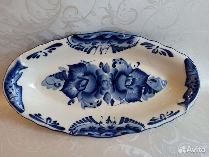 Посуда СССР Гжель блюдо для рыбы блюдца