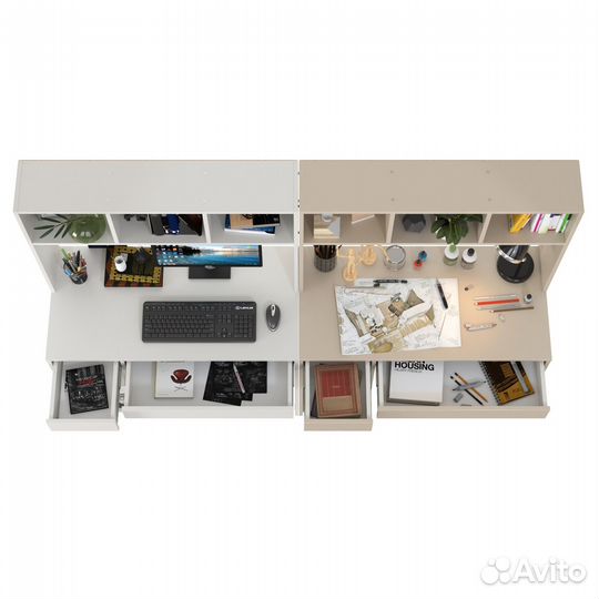 Два рабочих компьютерных стола Mobi Комфорт 12.77F цвет белый шагрень/сатин