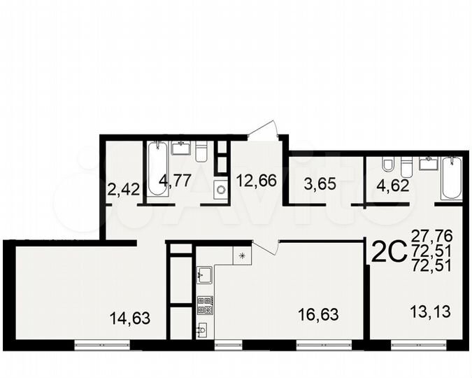 2-к. квартира, 72,5 м², 2/26 эт.