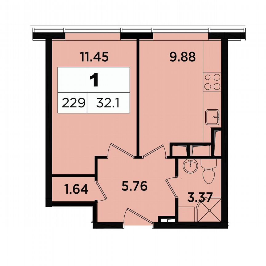 1-к. апартаменты, 32,1 м², 17/18 эт.