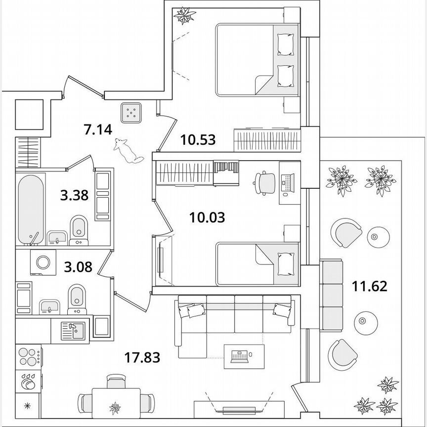 2-к. квартира, 55,5 м², 16/22 эт.