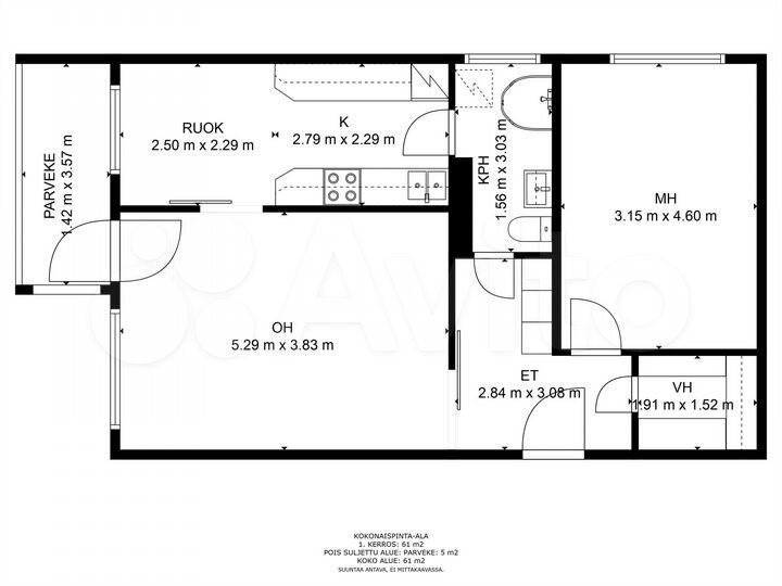 2-к. квартира, 61,5 м², 2/6 эт.