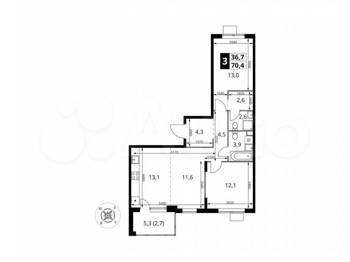 3-к. квартира, 70,4 м², 15/17 эт.