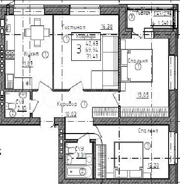 3-к. квартира, 70,3 м², 3/6 эт.