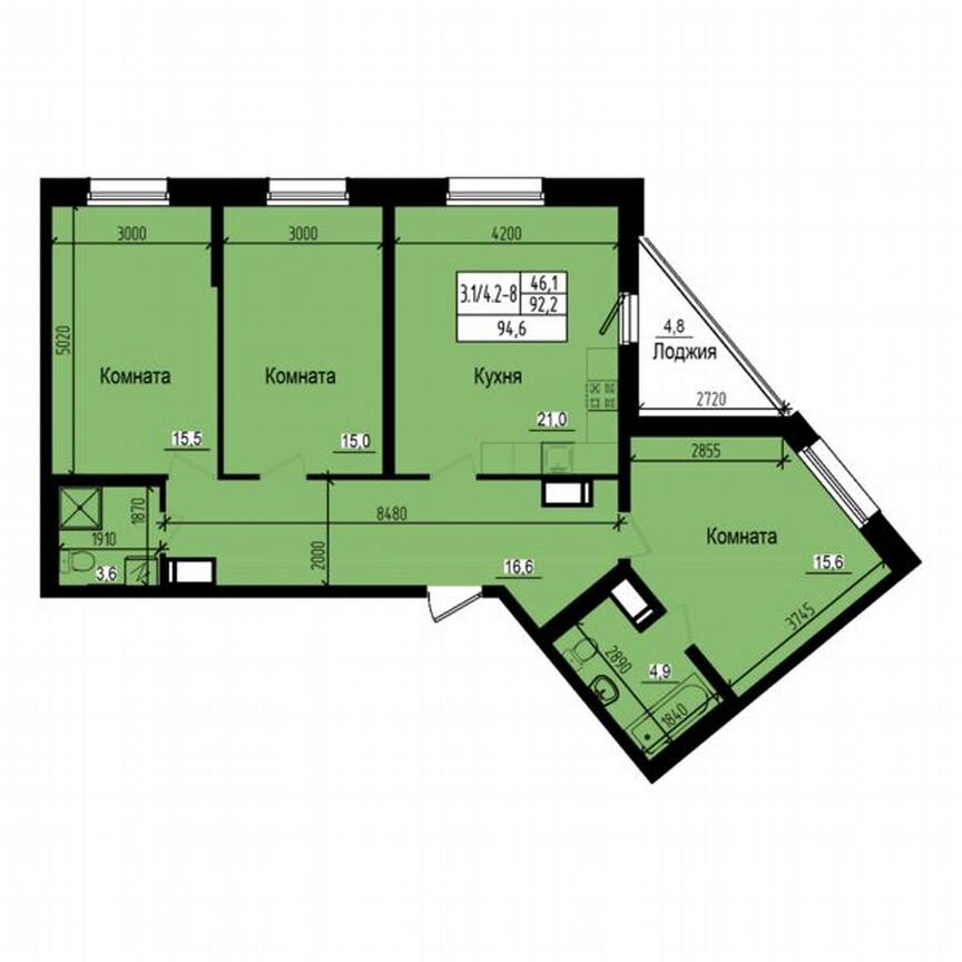 3-к. квартира, 94,6 м², 6/23 эт.