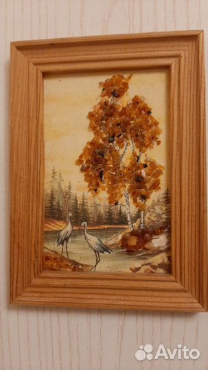 Картина из янтаря в деревянной раме, винтаж