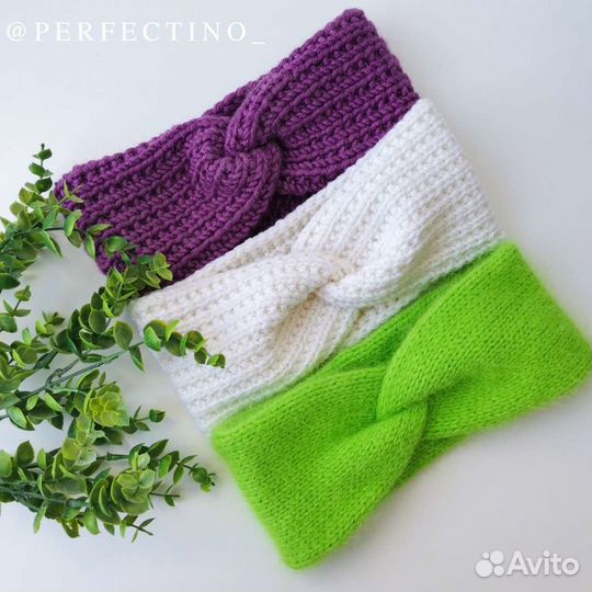 Вязаный комплект на весну, берет, повязка, митенки