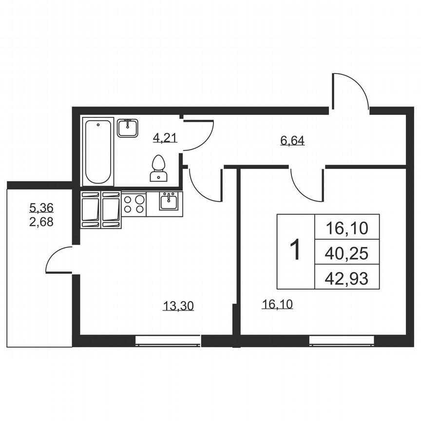 1-к. квартира, 42,9 м², 15/19 эт.
