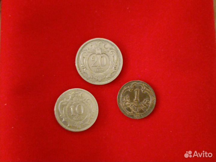 Монеты Австрии 1, 10 и 20 геллер