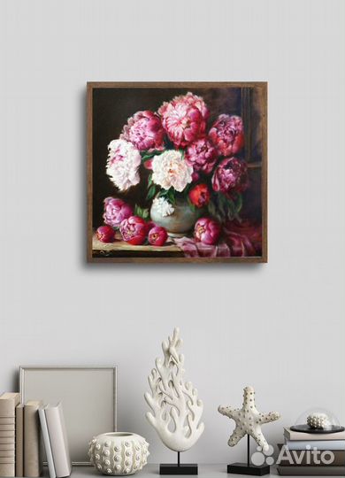 Картина маслом цветы Пионы на темном фоне