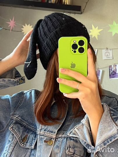 Шапка вязаная с ушами зайца, цепями, y2k