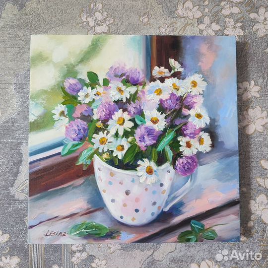 Картина маслом с букетом полевых цветов 30/30 см