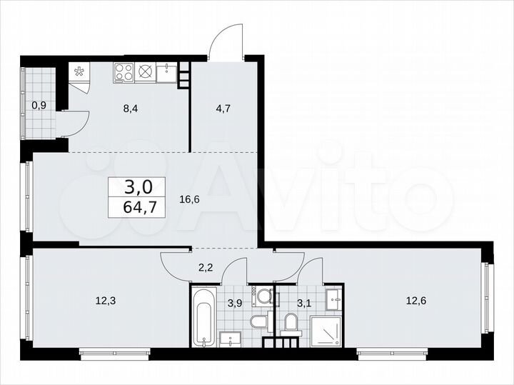 3-к. квартира, 64,7 м², 4/14 эт.