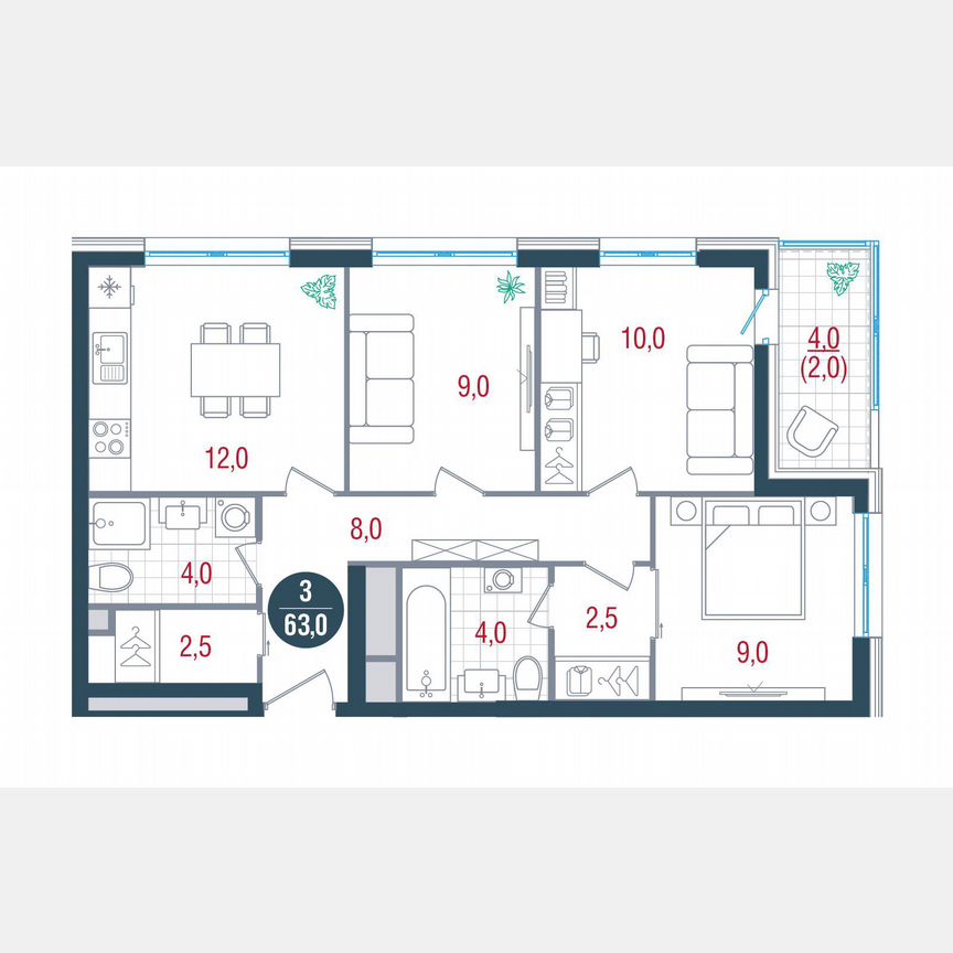 3-к. квартира, 63 м², 24/32 эт.
