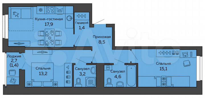 2-к. квартира, 65,3 м², 10/25 эт.