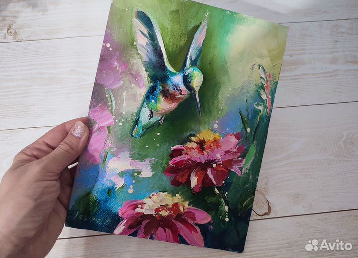 Маленькая картина маслом с колибри 24/18 см