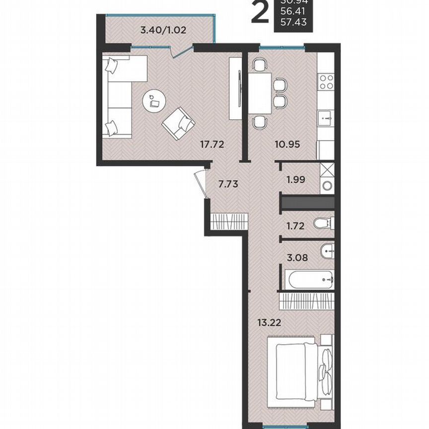 2-к. квартира, 57,2 м², 2/3 эт.