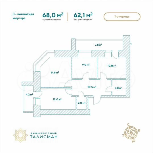 3-к. квартира, 68 м², 6/14 эт.