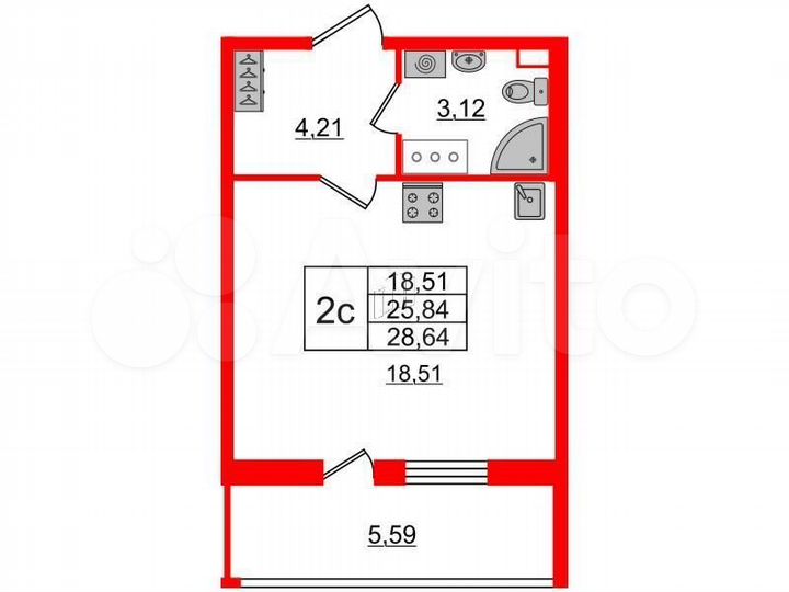 Квартира-студия, 28,6 м², 5/8 эт.