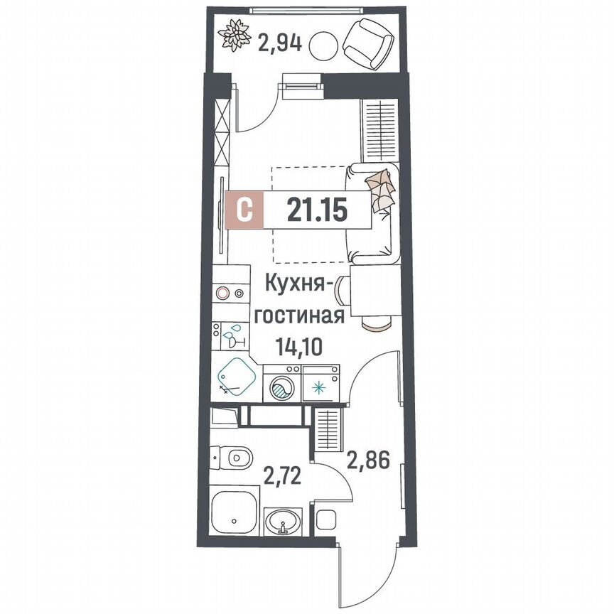 Квартира-студия, 21,2 м², 10/18 эт.