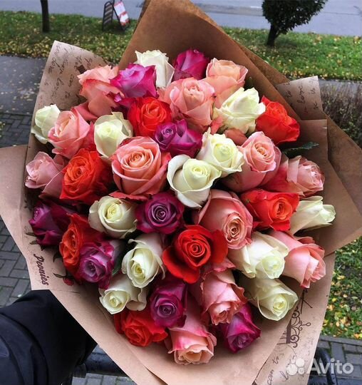 Букет разноцветных роз, Эквадор, 40см 35 шт