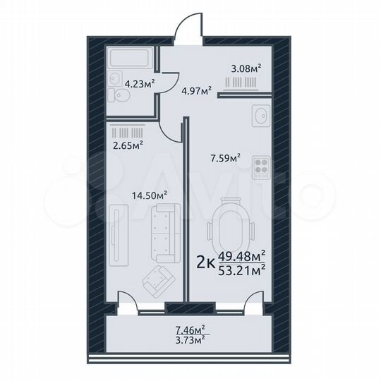 2-к. квартира, 53,2 м², 6/10 эт.