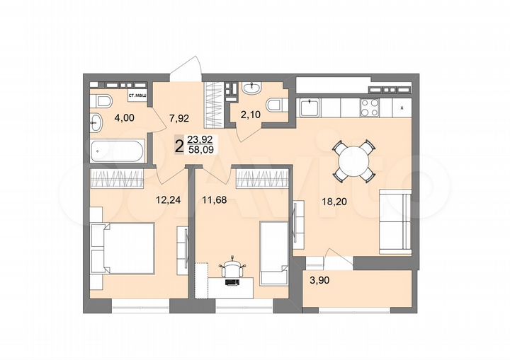 2-к. квартира, 58,1 м², 15/26 эт.
