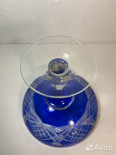 Ваза на ножке, фруктовница, синее стекло, хрусталь